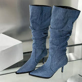 Denim Knee High Stiletto Boots with Sculpted Slim Heel