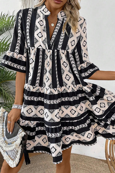 Black Geometric Print V Neck Ruffled Dress - The Boho Body
