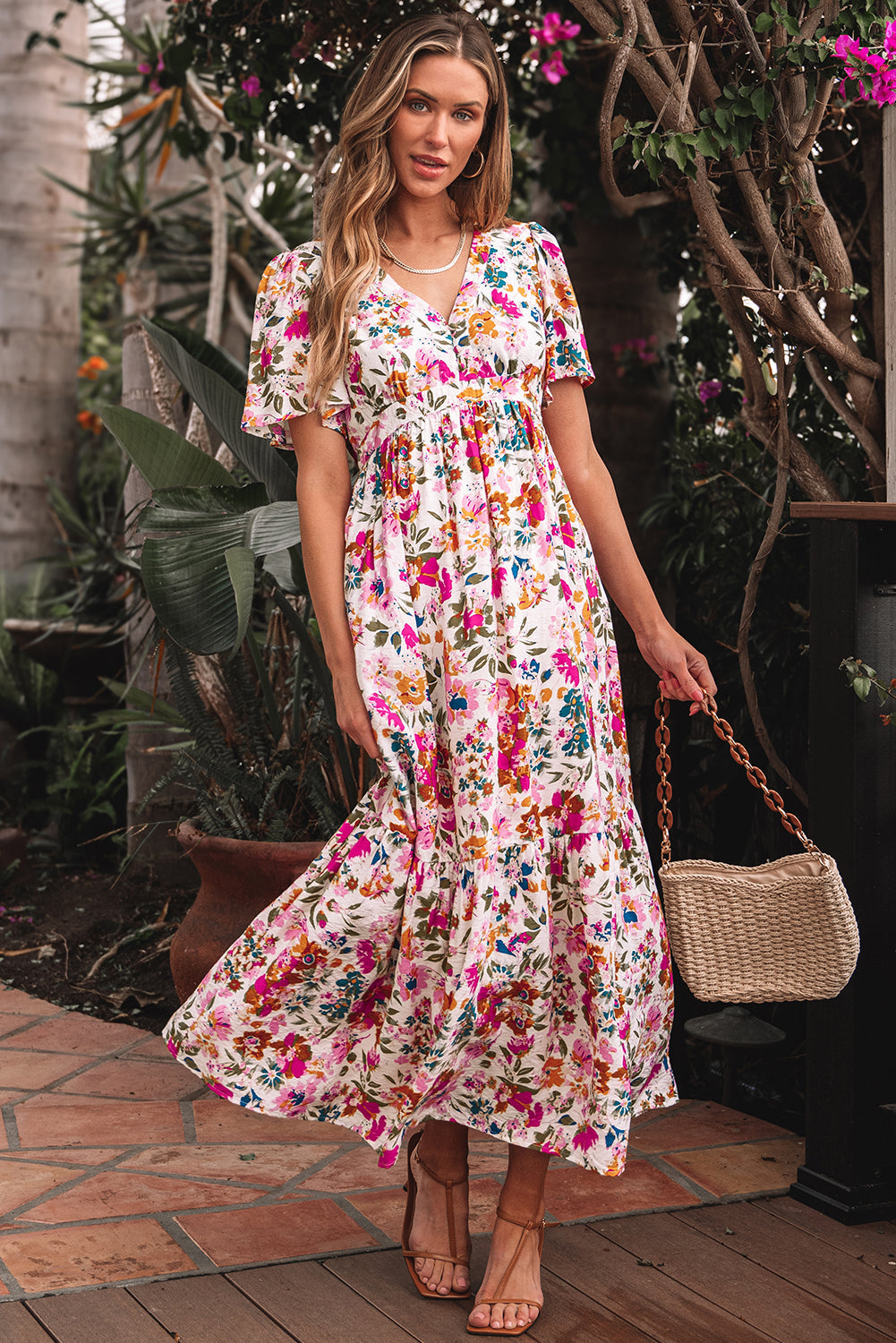 Red Floral Short Sleeve V Neck High Waist Maxi Dress - The Boho Body
