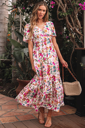 Red Floral Short Sleeve V Neck High Waist Maxi Dress - The Boho Body