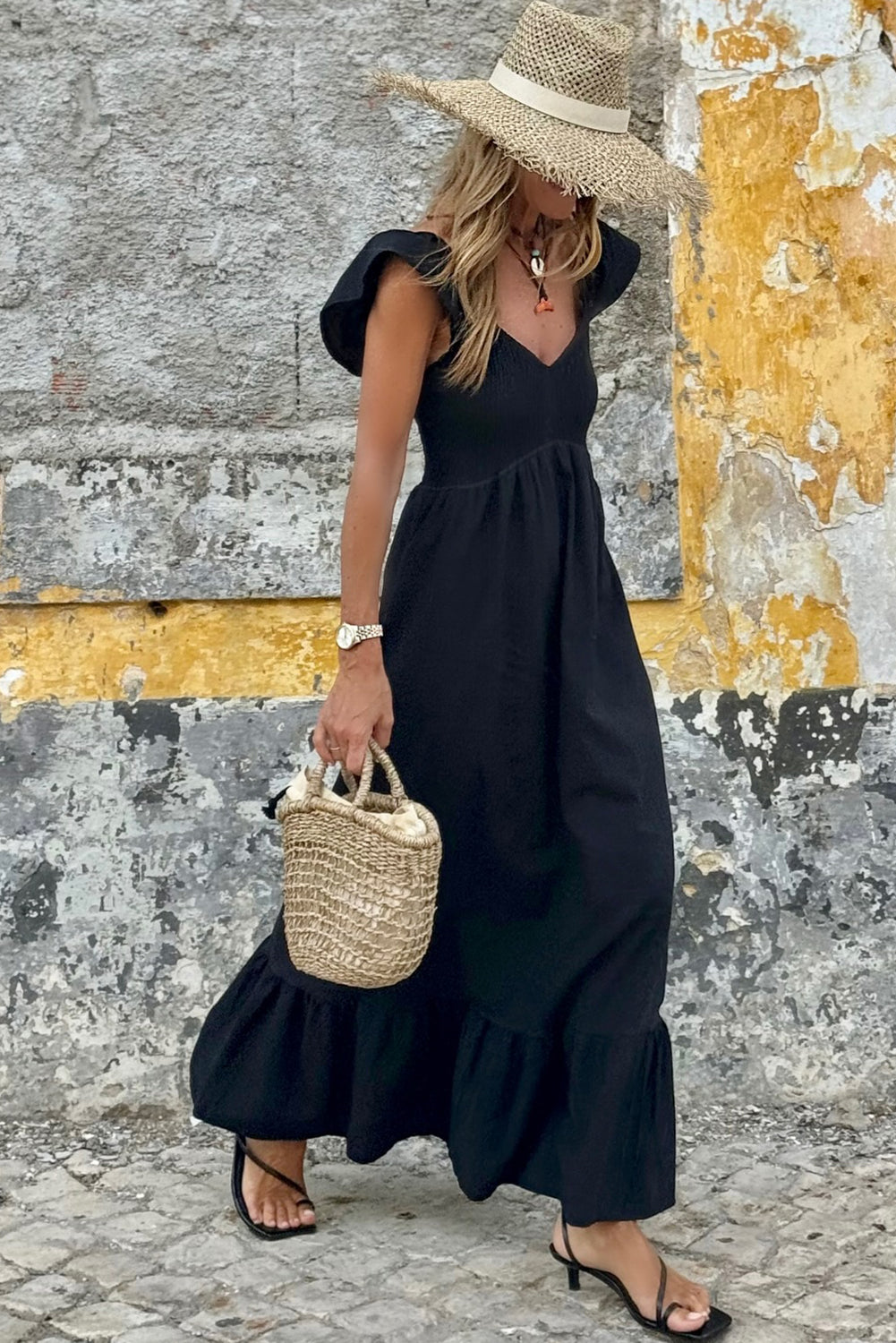 Black V Neck Flutter Sleeve Smocked Bodice High Waist Ruffle Maxi Dress - The Boho Body