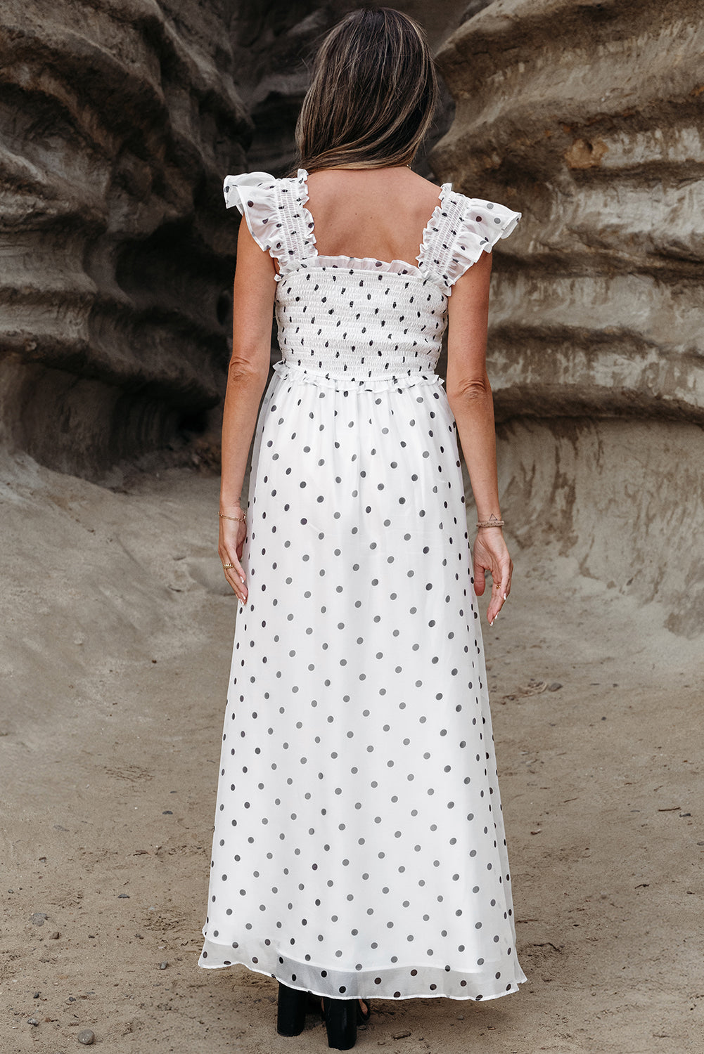 White Polka Dot Flutter Sleeve Square Neck Smocked Maxi Dress - The Boho Body