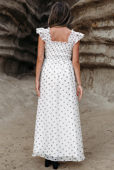 White Polka Dot Flutter Sleeve Square Neck Smocked Maxi Dress - The Boho Body