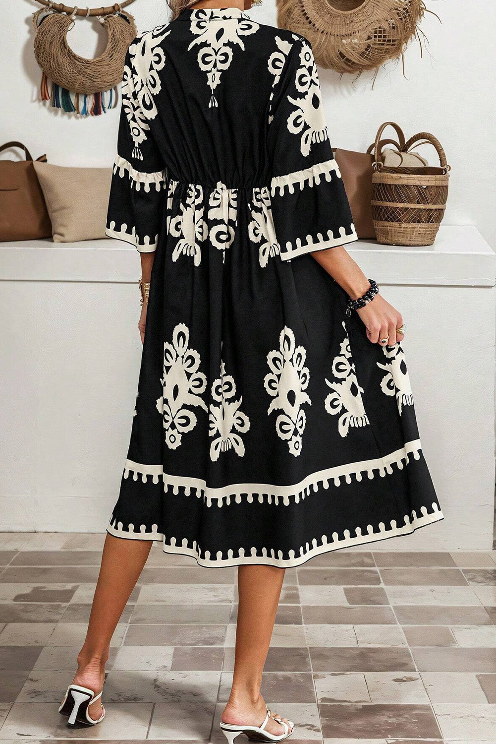 Black Geometric Print 3/4 Sleeve Loose Midi Dress - The Boho Body