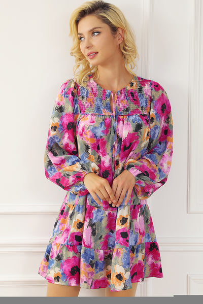 Multicolour Floral Tie Neck Bubble Sleeve Shift Dress - The Boho Body