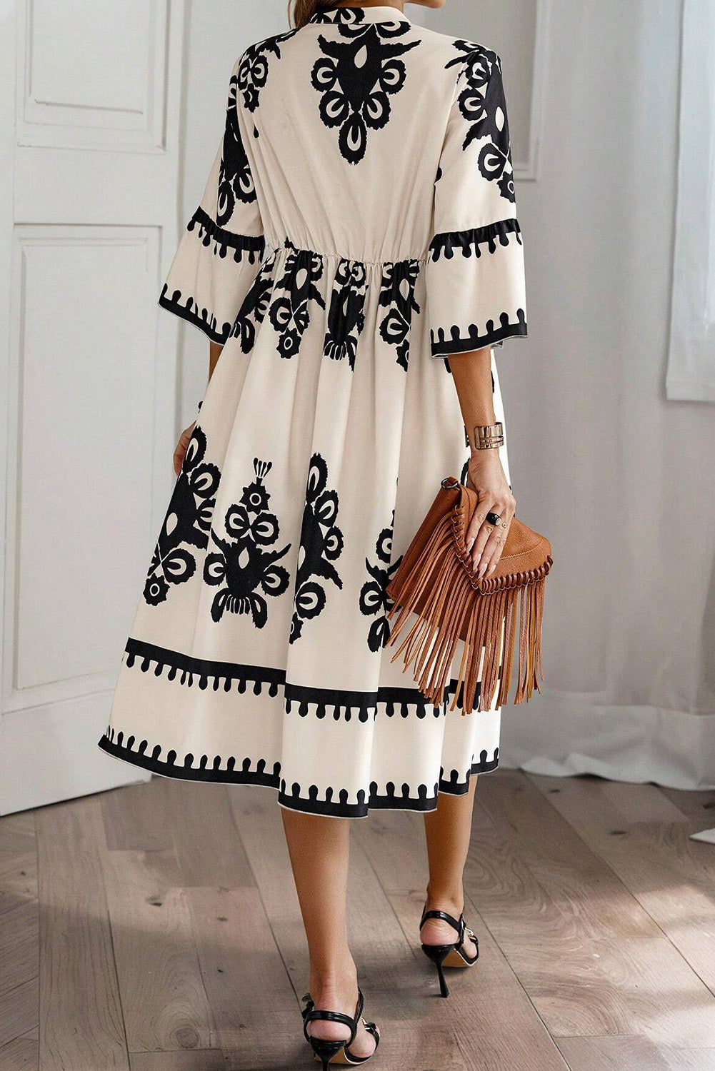 Black Geometric Print 3/4 Sleeve Loose Midi Dress - The Boho Body