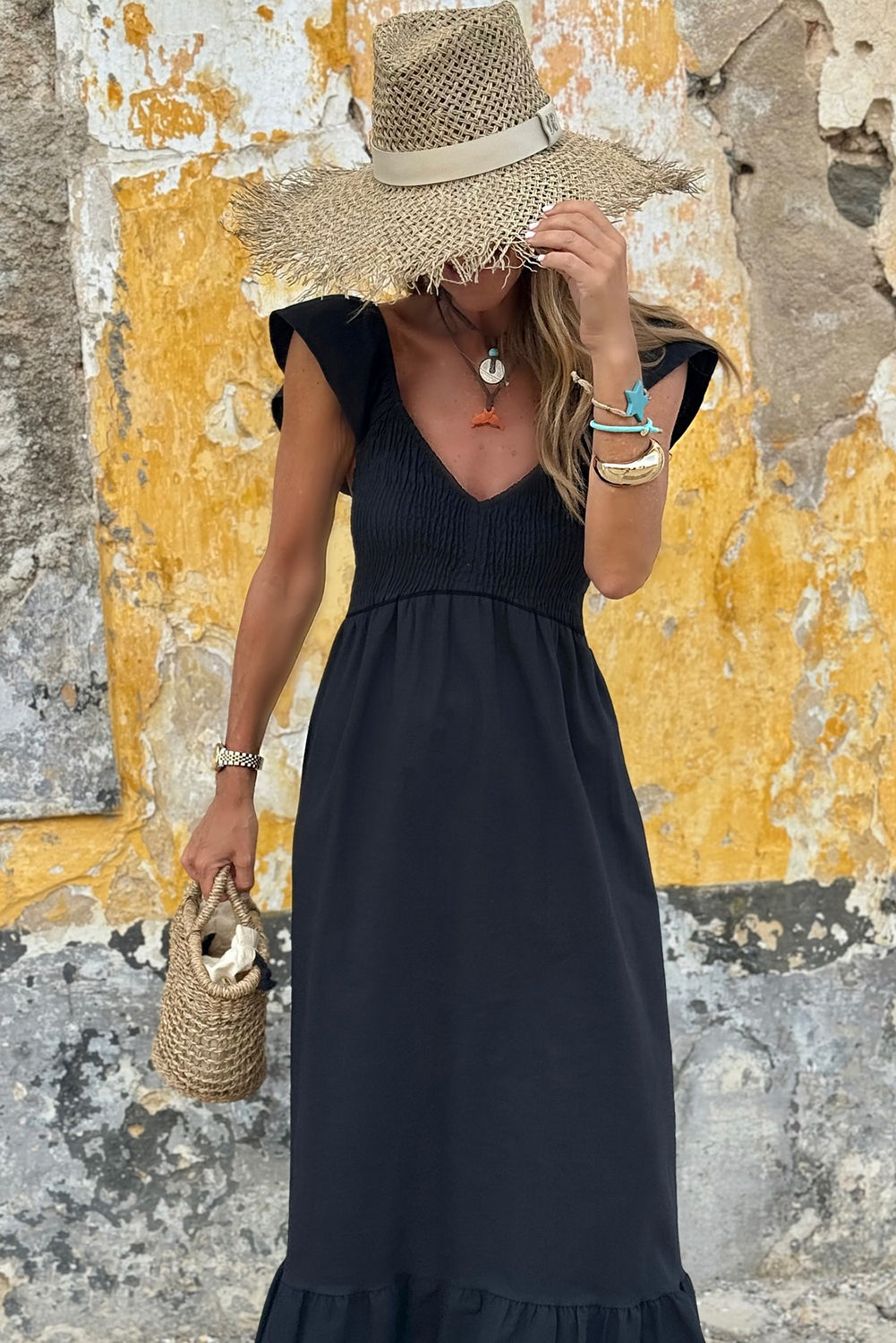 Black V Neck Flutter Sleeve Smocked Bodice High Waist Ruffle Maxi Dress - The Boho Body