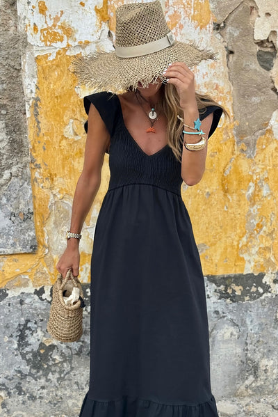 Black V Neck Flutter Sleeve Smocked Bodice High Waist Ruffle Maxi Dress - The Boho Body