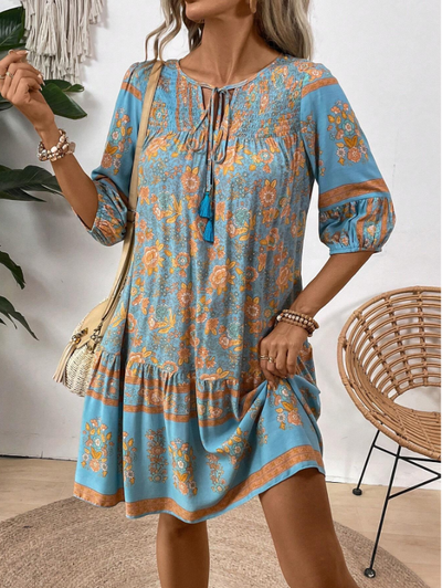 Floral Print Tie V-Neck Lantern Sleeve Boho Smock Dress