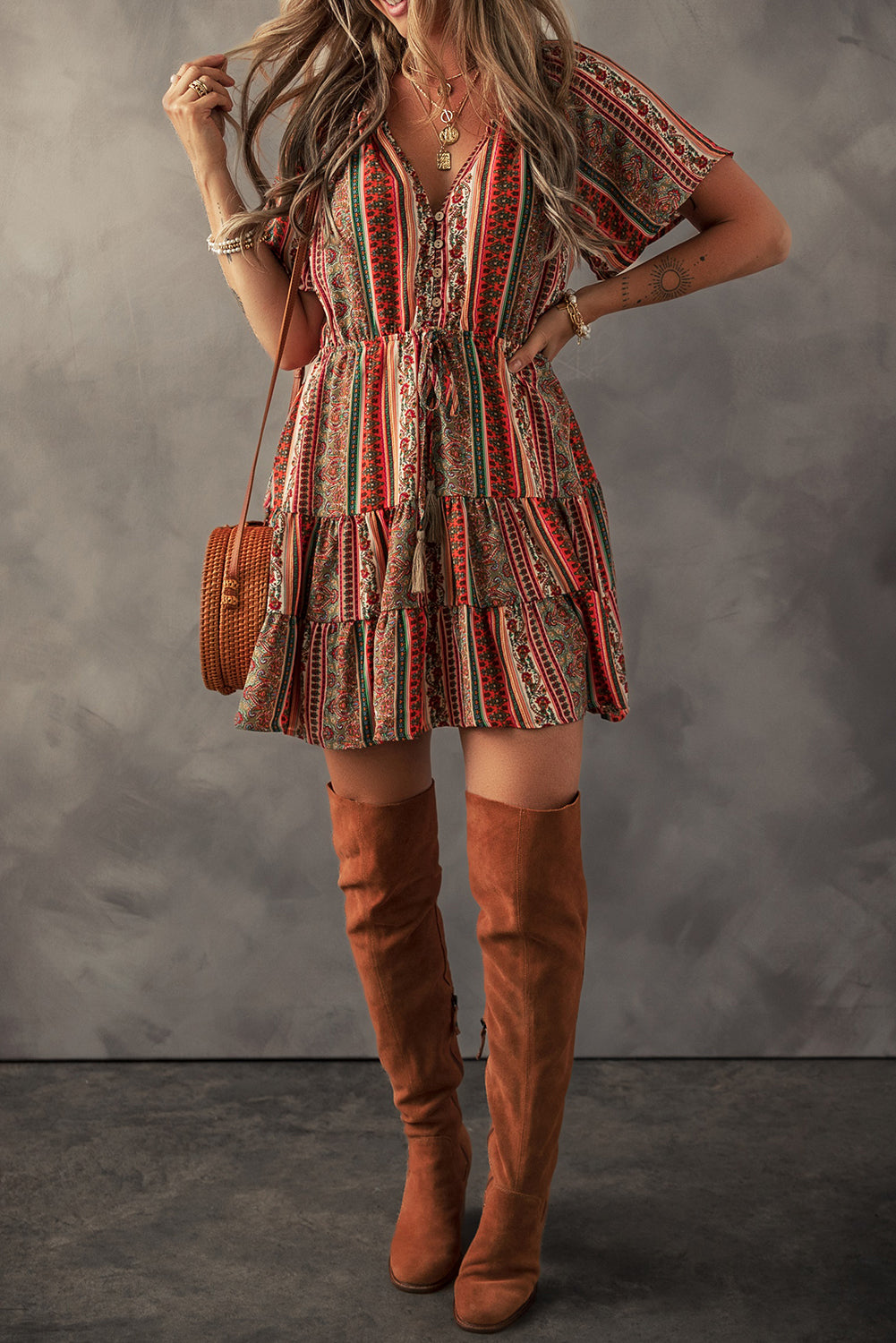 Red Bohemian Floral Print Buttoned V Neck Ruffle Tiered Dress - The Boho Body
