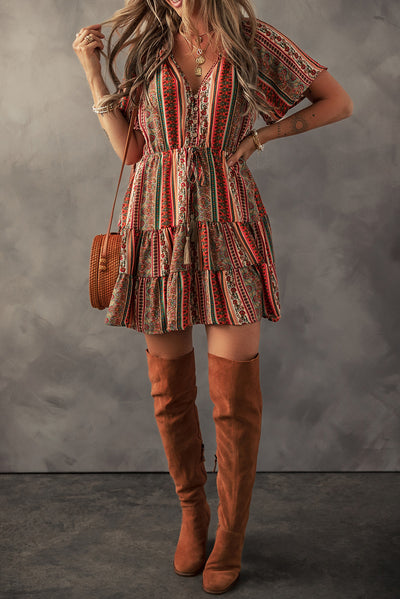 Red Bohemian Floral Print Buttoned V Neck Ruffle Tiered Dress - The Boho Body