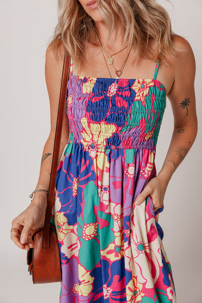 Purple Floral Print Shirred Spaghetti Strap Loose Maxi Dress - The Boho Body