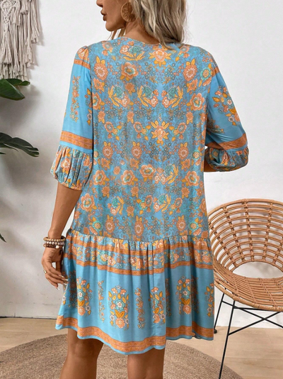 Floral Print Tie V-Neck Lantern Sleeve Boho Smock Dress