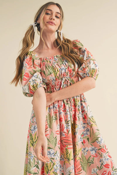 Floral Smocked Bubble Short Sleeve Maxi Dress - The Boho Body
