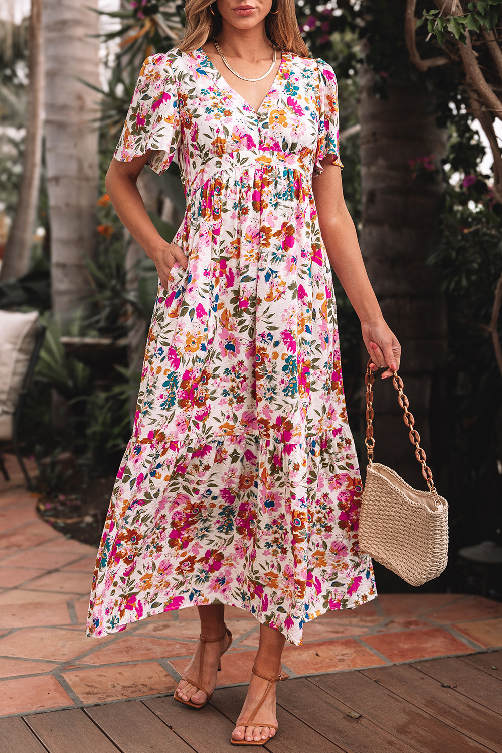 Red Floral Short Sleeve V Neck High Waist Maxi Dress - The Boho Body
