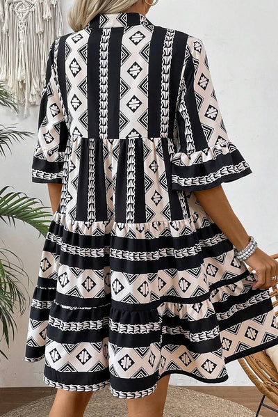 Black Geometric Print V Neck Ruffled Dress - The Boho Body