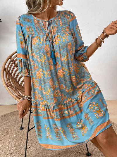 Floral Print Tie V-Neck Lantern Sleeve Boho Smock Dress