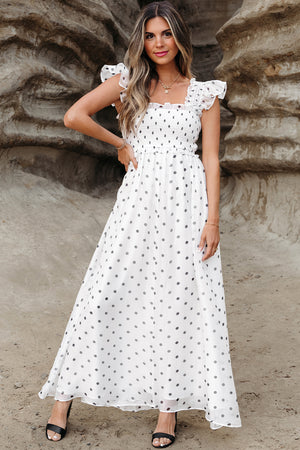 White Polka Dot Flutter Sleeve Square Neck Smocked Maxi Dress - The Boho Body