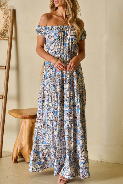 Blue Boho Paisley Print Off The Shoulder Maxi Dress