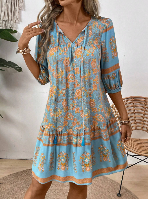 Floral Print Tie V-Neck Lantern Sleeve Boho Smock Dress