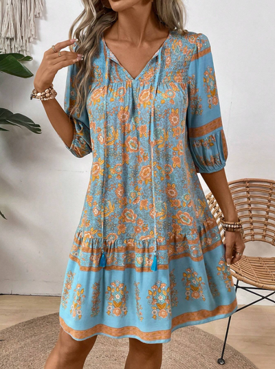 Floral Print Tie V-Neck Lantern Sleeve Boho Smock Dress
