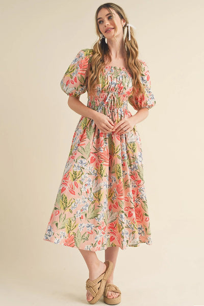 Floral Smocked Bubble Short Sleeve Maxi Dress - The Boho Body