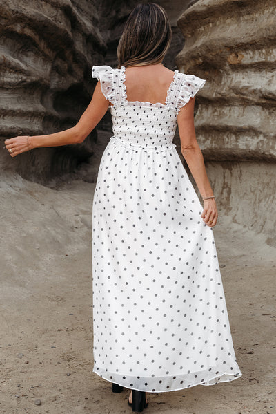 White Polka Dot Flutter Sleeve Square Neck Smocked Maxi Dress - The Boho Body