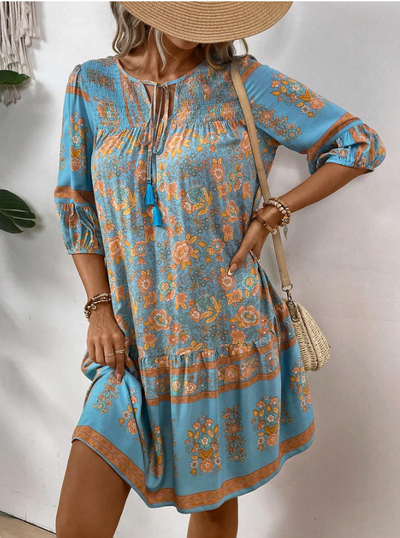 Floral Print Tie V-Neck Lantern Sleeve Boho Smock Dress