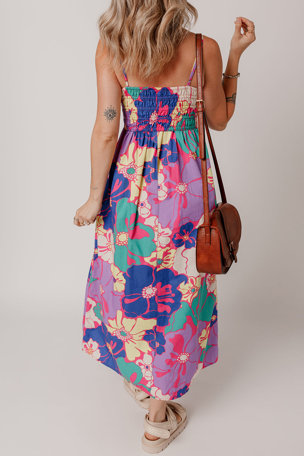 Purple Floral Print Shirred Spaghetti Strap Loose Maxi Dress - The Boho Body