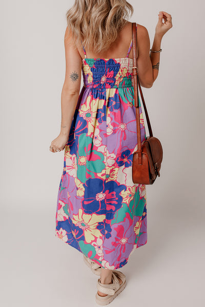 Purple Floral Print Shirred Spaghetti Strap Loose Maxi Dress - The Boho Body