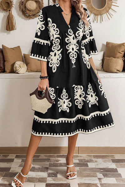 Black Geometric Print 3/4 Sleeve Loose Midi Dress - The Boho Body
