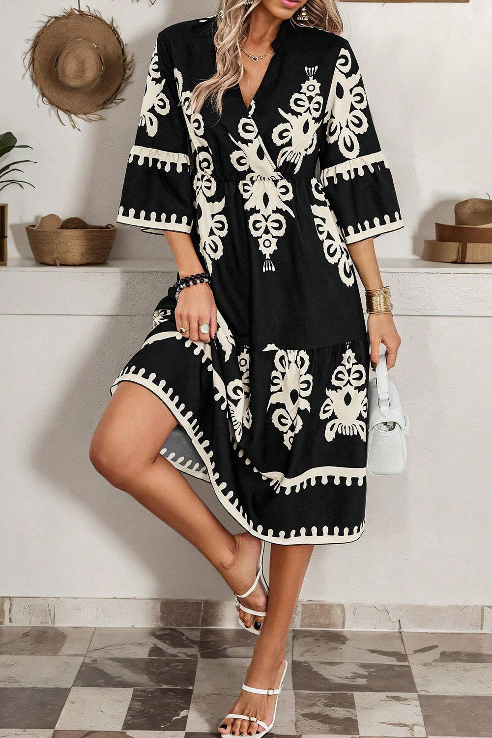 Black Geometric Print 3/4 Sleeve Loose Midi Dress - The Boho Body