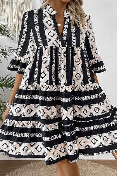 Black Geometric Print V Neck Ruffled Dress - The Boho Body