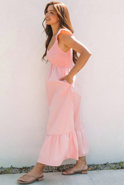 Black V Neck Flutter Sleeve Smocked Bodice High Waist Ruffle Maxi Dress - The Boho Body