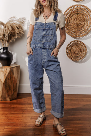 Sail Blue Denim Bib Straight Leg Jumpsuit With Pockets