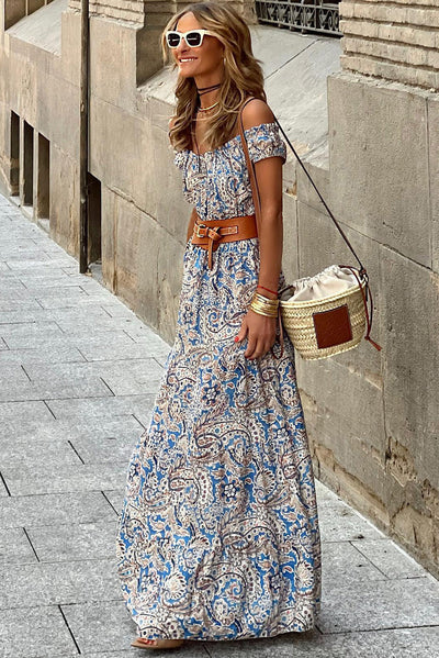 Blue Boho Paisley Print Off The Shoulder Maxi Dress