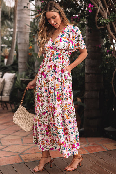 Red Floral Short Sleeve V Neck High Waist Maxi Dress - The Boho Body