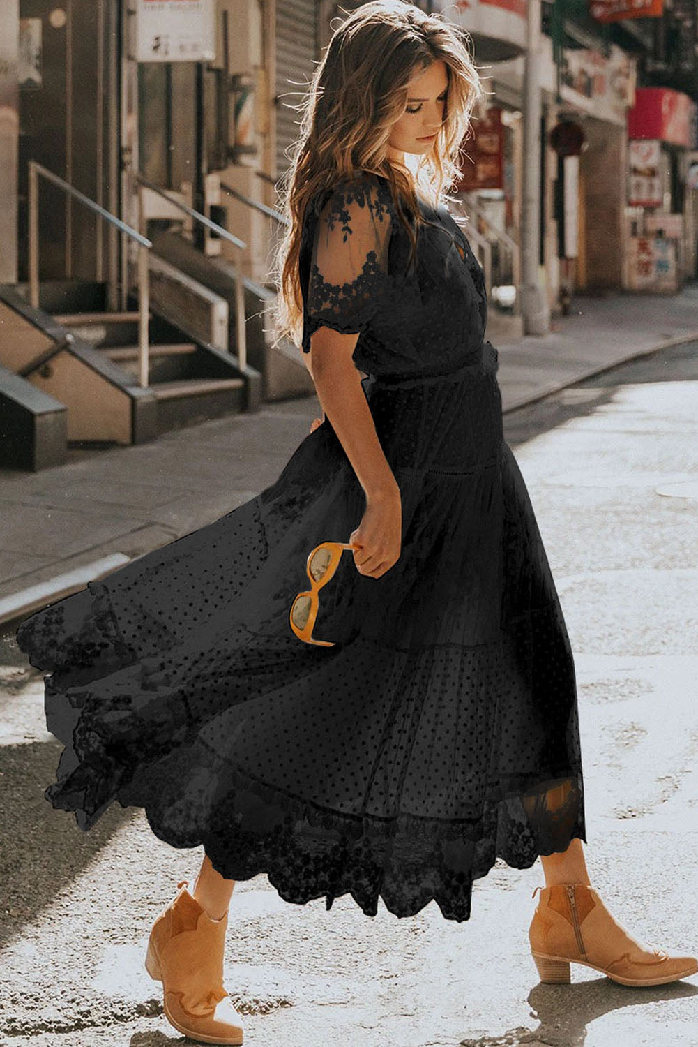 Black Dotty Lace Mesh Flowy Maxi Dress - The Boho Body