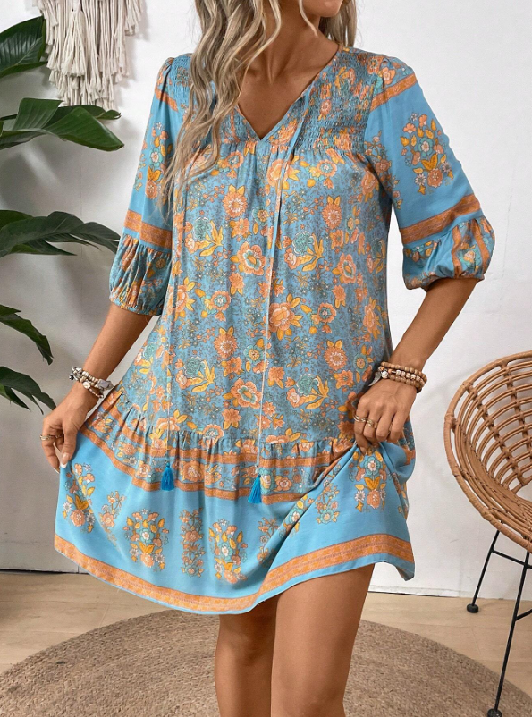 Floral Print Tie V-Neck Lantern Sleeve Boho Smock Dress