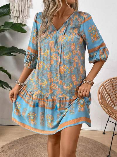 Floral Print Tie V-Neck Lantern Sleeve Boho Smock Dress