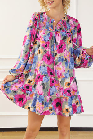 Multicolour Floral Tie Neck Bubble Sleeve Shift Dress - The Boho Body