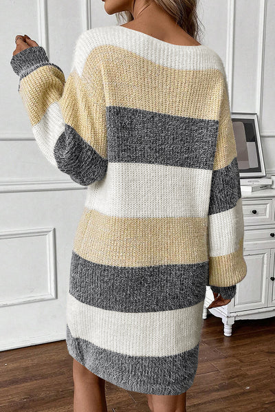 Grey Stripe Colour Block Bubble Sleeve Drop Shoulder Sweater Dress