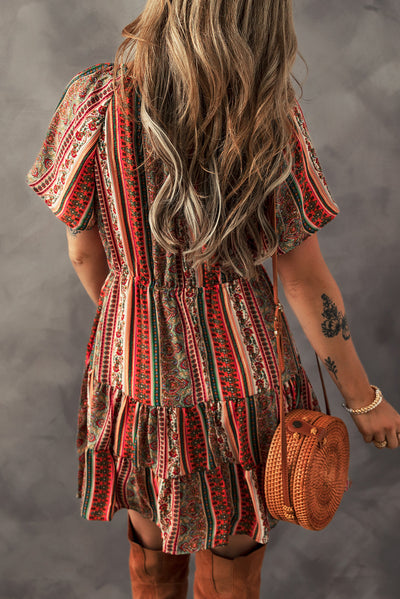Red Bohemian Floral Print Buttoned V Neck Ruffle Tiered Dress - The Boho Body