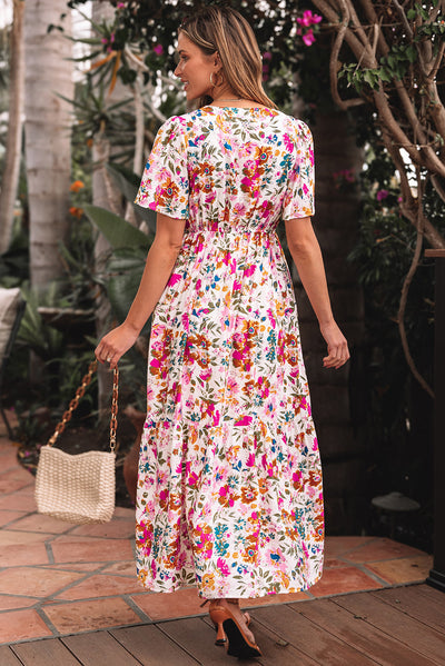 Red Floral Short Sleeve V Neck High Waist Maxi Dress - The Boho Body
