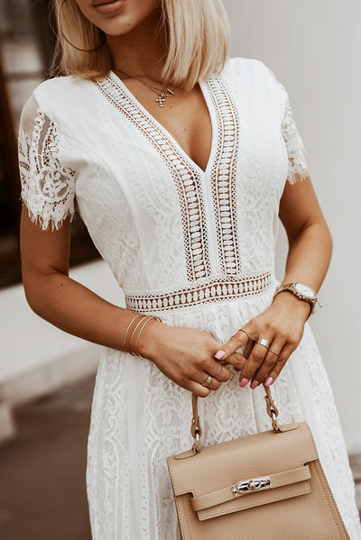 White V Neck High Waist Lace Maxi Dress - The Boho Body