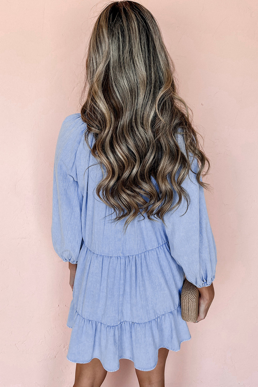 Puff Sleeve V Neck Tiered Ruffled Chambray Dress - The Boho Body
