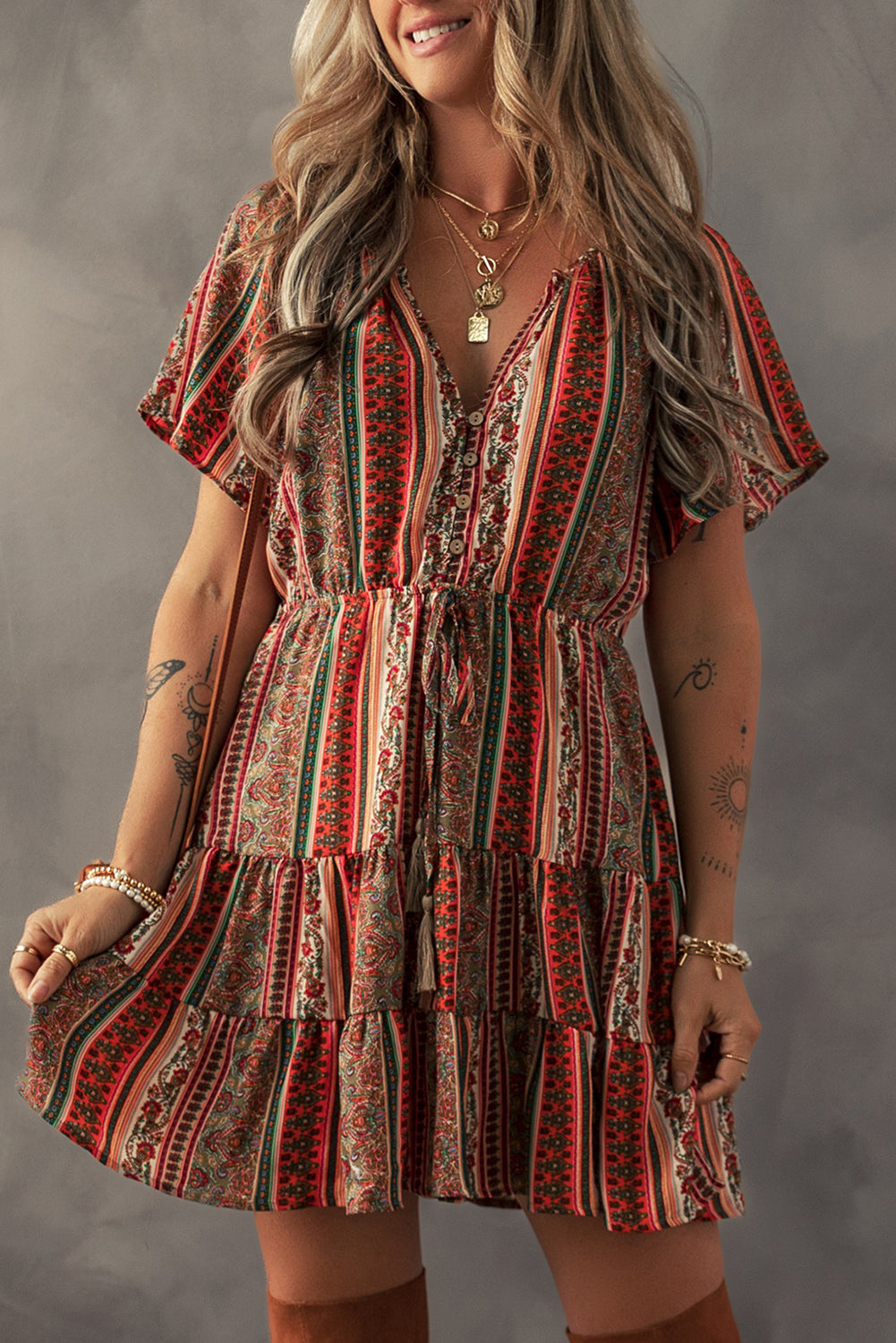 Red Bohemian Floral Print Buttoned V Neck Ruffle Tiered Dress - The Boho Body