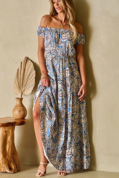 Blue Boho Paisley Print Off The Shoulder Maxi Dress