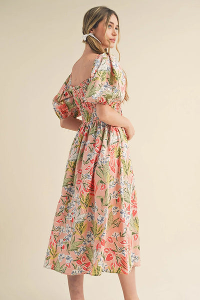 Floral Smocked Bubble Short Sleeve Maxi Dress - The Boho Body
