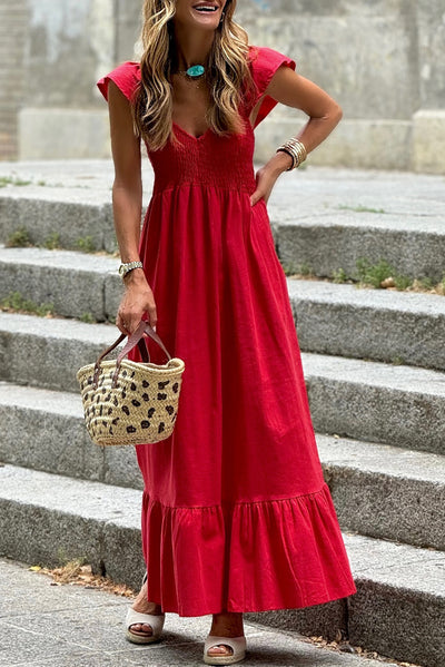 Black V Neck Flutter Sleeve Smocked Bodice High Waist Ruffle Maxi Dress - The Boho Body